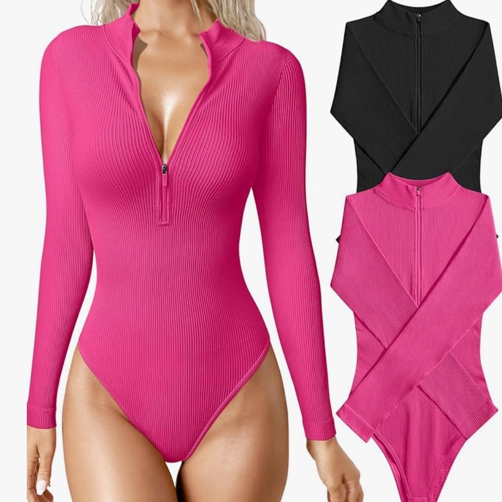 OQQ Ribbed Bodysuit Set | Snatched Zip Front Long Sleeve | Pink